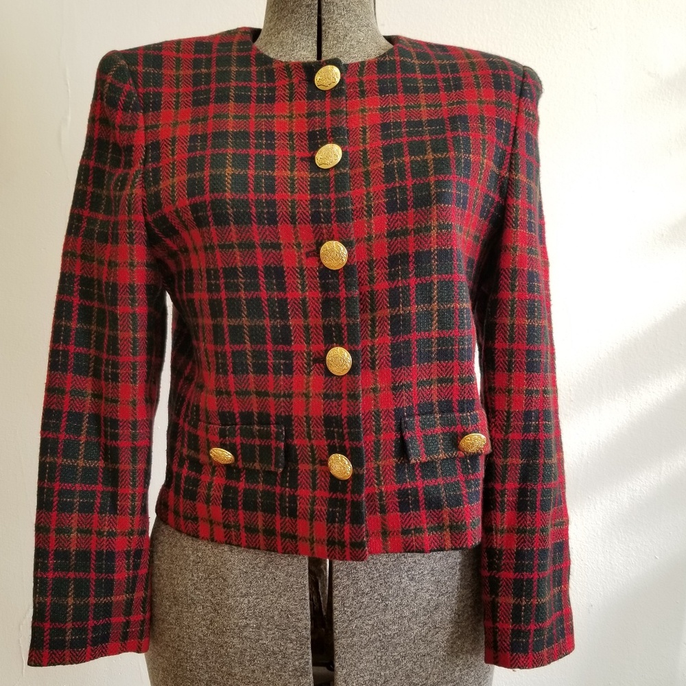 Vintage 80s Plaid Wool Blend Blazer Jacket
